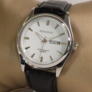 Men's Contemporary Dress Watch Silver Case Black Leather Watch Strap 40mm